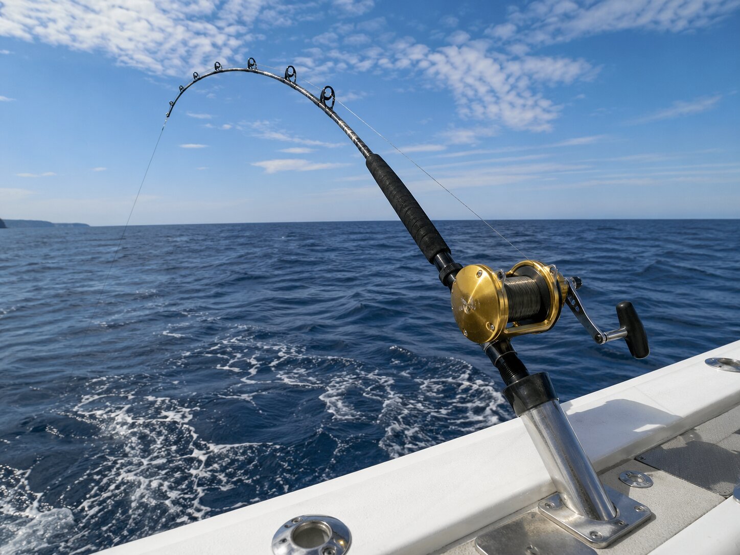 Bent rod under the strain of a bluefin tuna offshore Istria