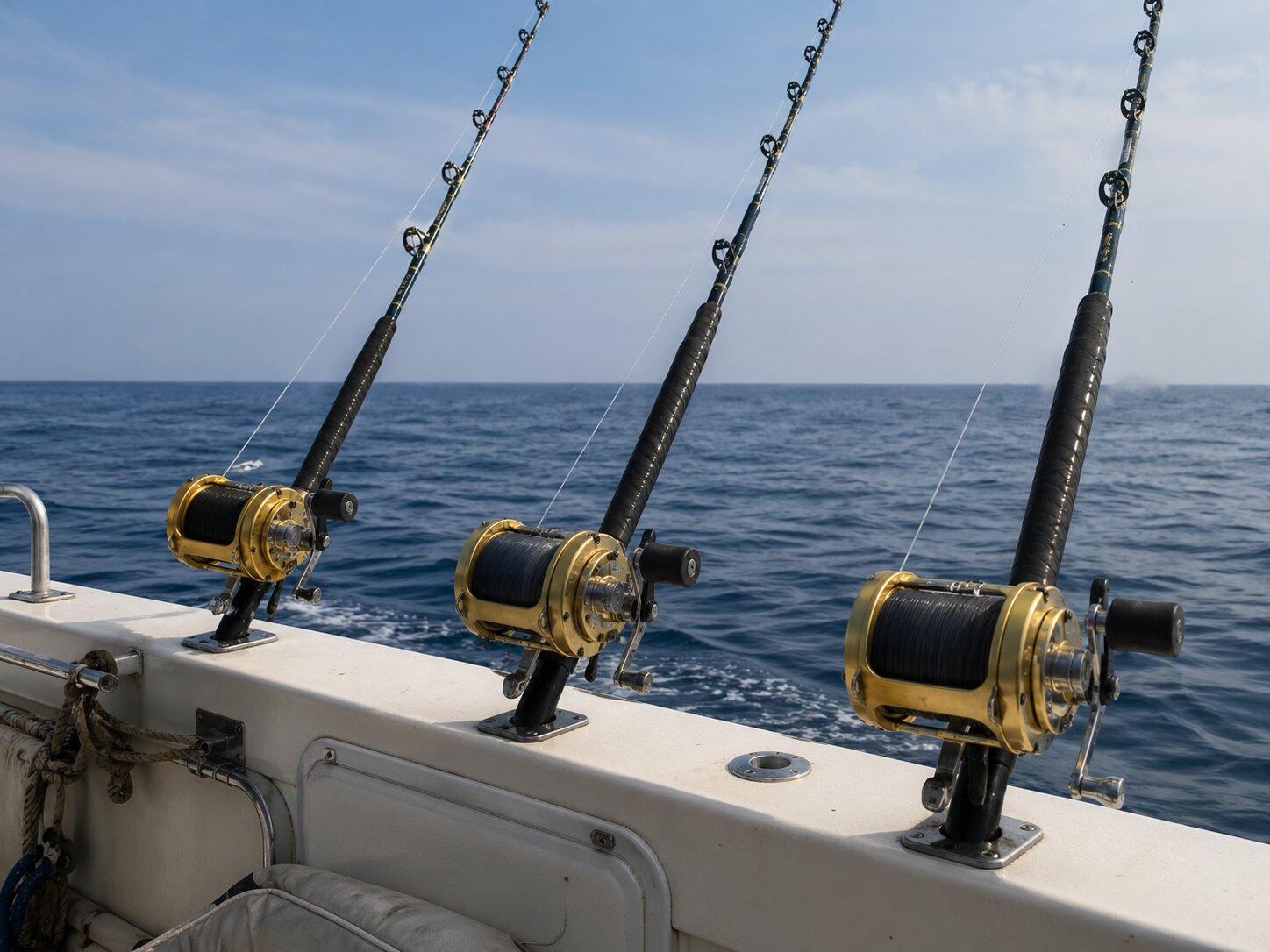 Professional big game fishing equipment on the Tuna Pro boat